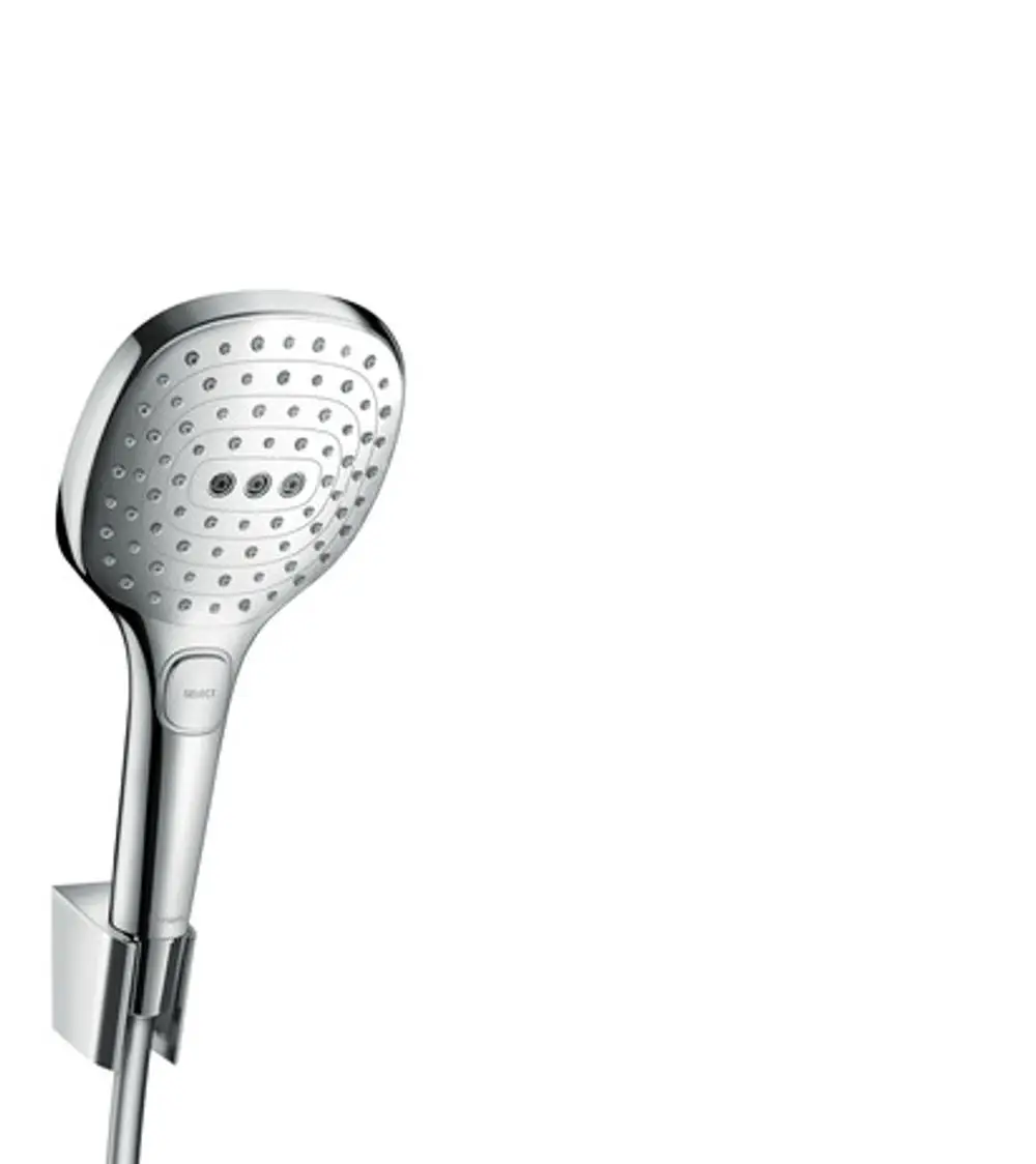 Hansgrohe Handbrause in Chromfarbe mit dreifacher Strahloption, befestigt an einer Halterung, ausgestattet mit einem 125 cm langen Brauseschlauch.